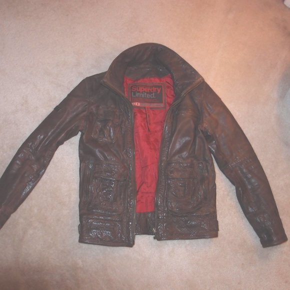 SUPERDRY LEATHER BOMBER TARPIT MOTO NJacket - Medium - Brown - - Picture 5 of 9